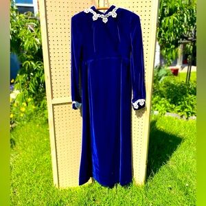 Vintage Blue Velvet Neiman Marcus long sleeve Gown with White lace trim